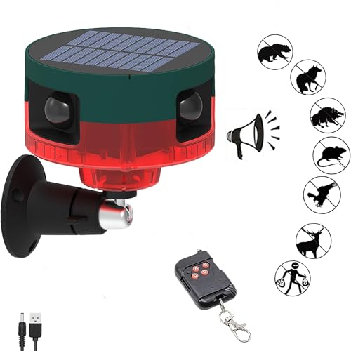 Comboss Solar Outdoor Motion Sensor: Dog Barking & Gunshot Sound 130db Motion Detector Alarm Light, 13 Different Sound and Light Combinations to Scare Away Thieves, Wild Boars, Bears