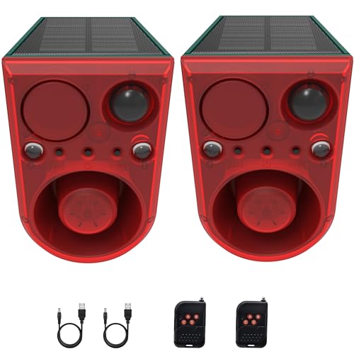Comboss Solar Outdoor Motion Sensor Alarm, 129dB Dog Barking & Alarm Sounds, 13 Sounds, Support Recording, 4 Modes, Motion Activated Strobe Light with Remote for Yard, Garden, Farm, Barn