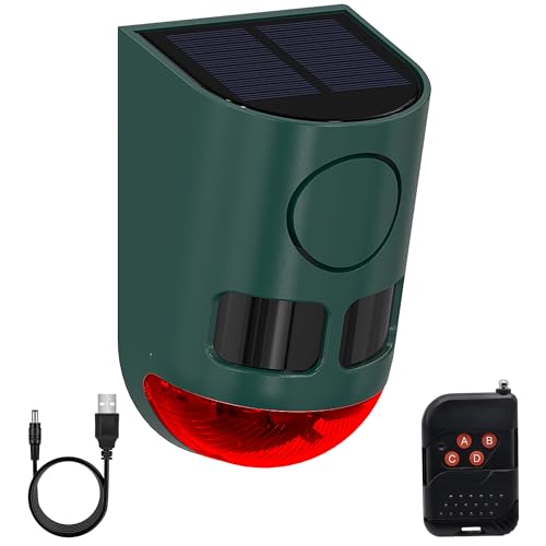 Comboss Solar Motion Sensor Alarm with ultrasonic, Motion Sensor Dog Barking 129dB Noise Maker, Ultrasonic Motion Sensor Alarm with Remote Controller, 4 Work Modes for Farm, Barn, Yard (1 Pack)
